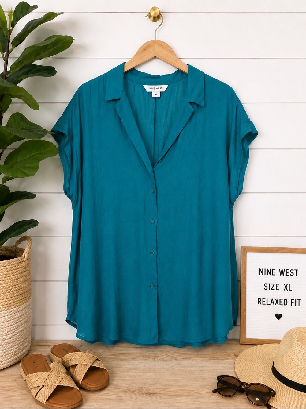 💙 Nine West Teal Button Front Blouse Size XL Relaxed Fit Short Sleeve Top